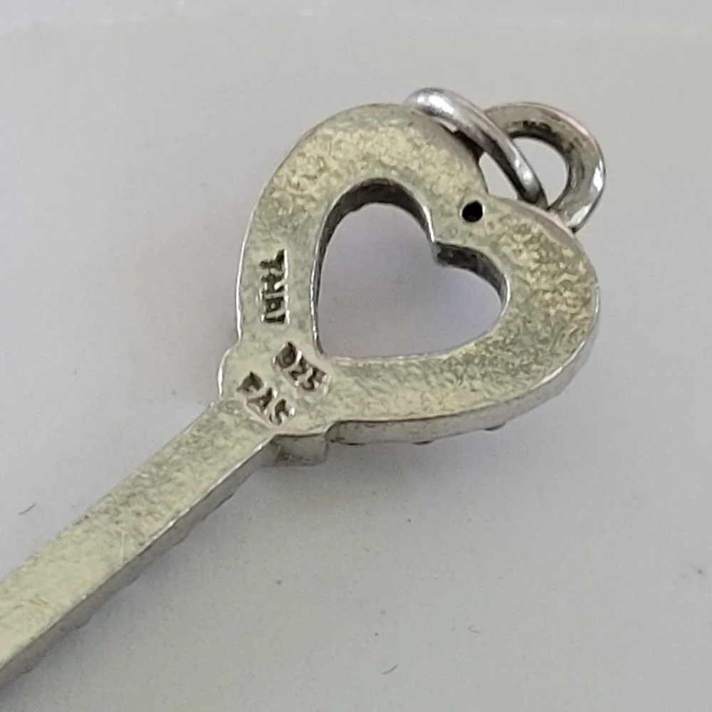 Vintage FAS 925 Sterling Silver Marcasite Heart Skeleton Key Pendant